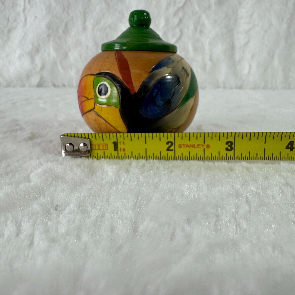 Handmade Wooden Trinket Jar With Lid Folk Art Colorful Parrot Toucan Bird Design - Picture 7 of 7
